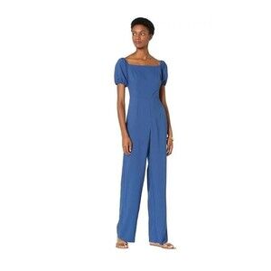 Blue Square Neck Puff Sleeve Jumpsuit Elegant Party Casual‎